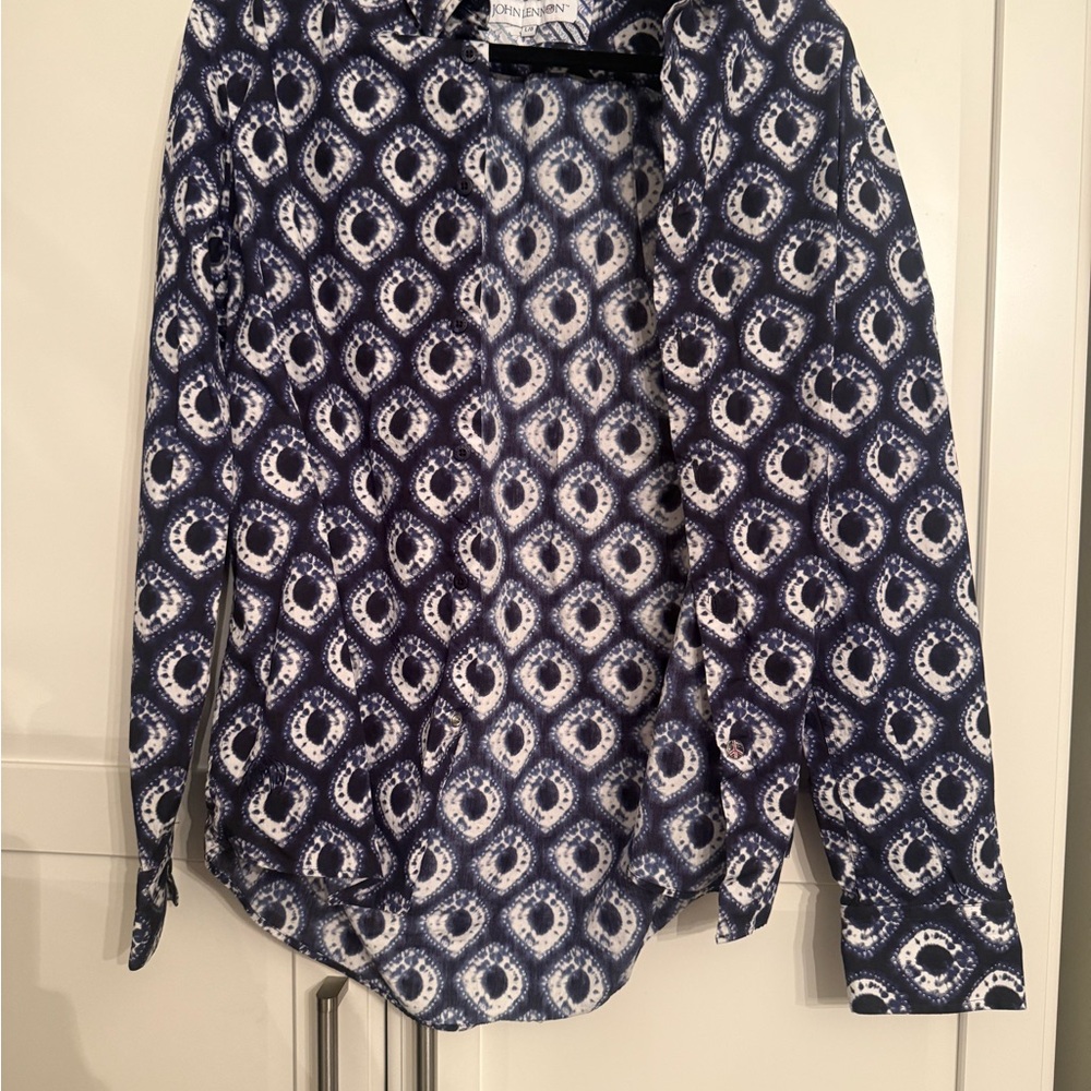 John Lennon Men's Navy and White Casual Button Down Shirt